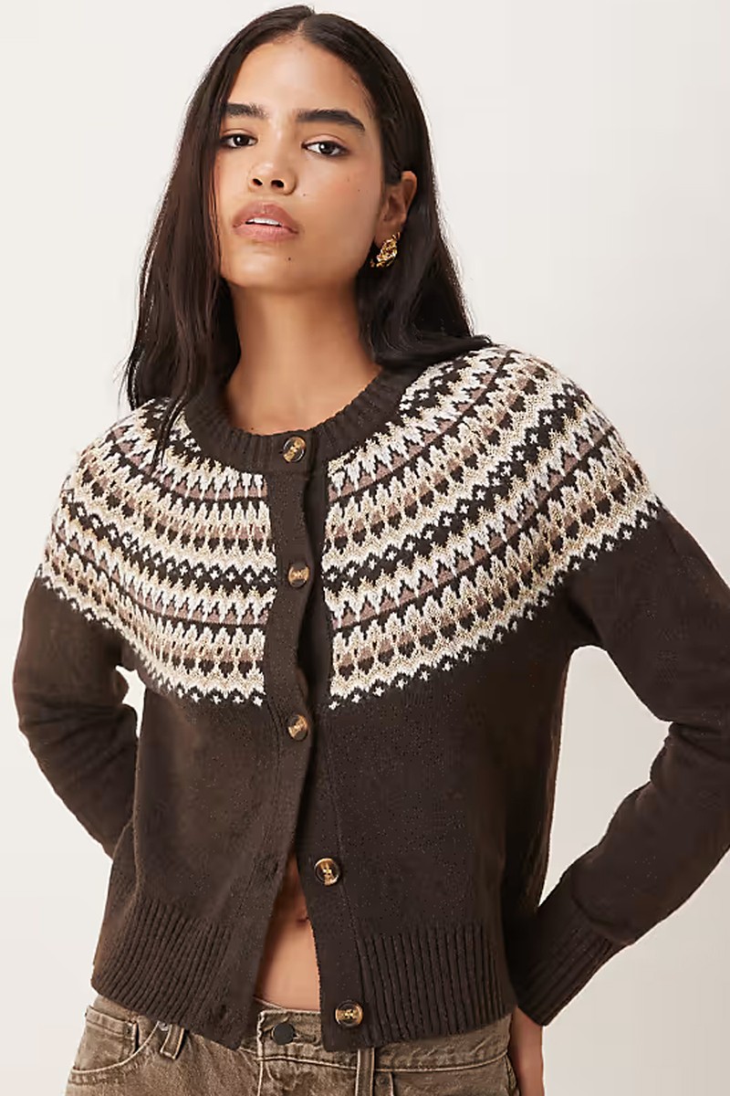 Crew Neck Cardigan With Fairisle Detail Print  from Threadbare