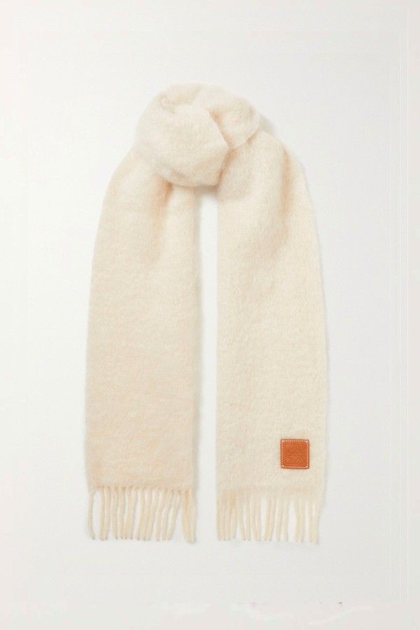 Leather-Trimmed Fringed Mohair-Blend Scarf from Loewe