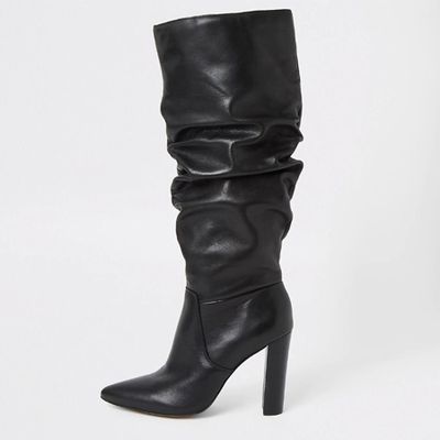 Black Leather Slouch Heel Boot from River Island