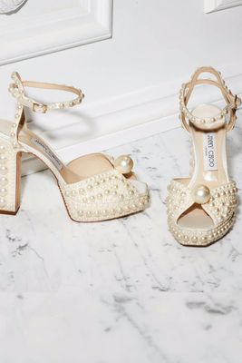 White Satin Platform Sandals With All-Over Pearl Embellishment, £1,595 | Jimmy Choo 