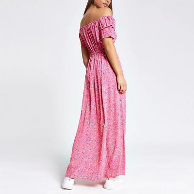 Pink Ditsy Floral Bardot Maxi Dress