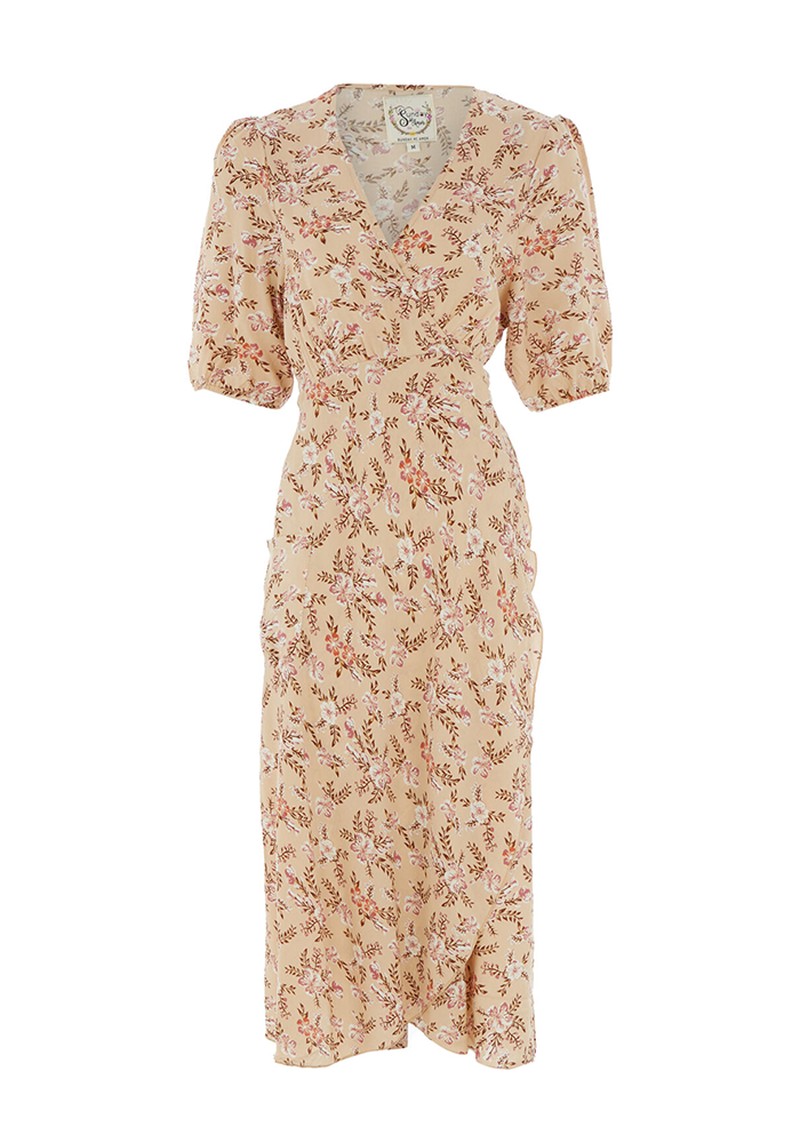 Nude Floral Wrap Midi Dress