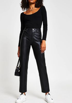 Black Faux Leather Straight Fitted Trousers from River Island