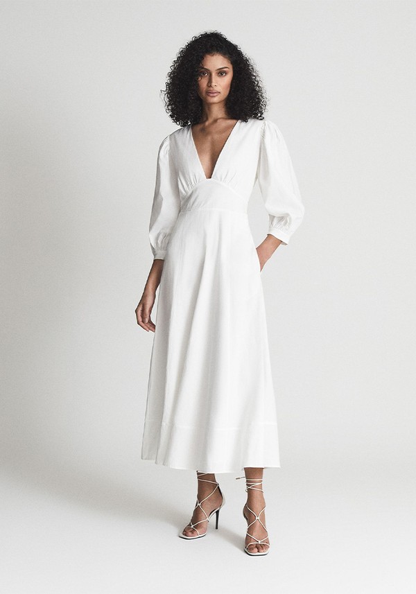 Christie Puff Sleeve Plunge Midi Dress