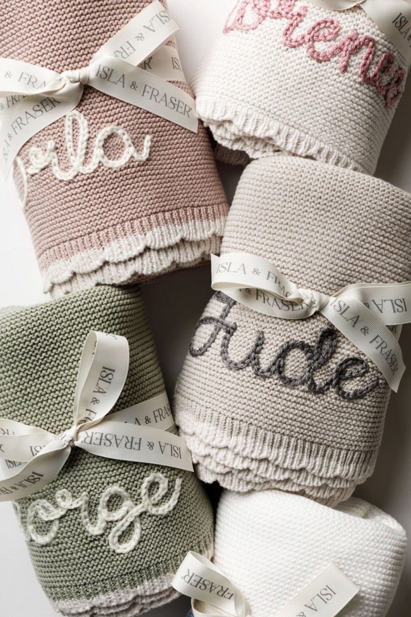 Personalised Organic Cotton Scallop Knit Baby Blanket from Isla & Fraser