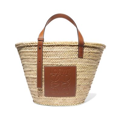 Large Leather Trimmed Woven Raffia Tote