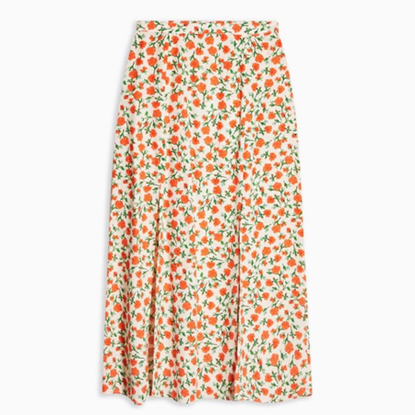 Cream Double Split Floral Midi Skirt