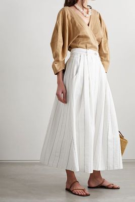 Tulay Pleated Striped Organic Cotton & Linen-Blend Midi Skirt from Mara Hoffman