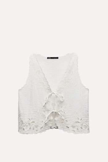 Embroidered Cotton Muslin Top With Ties from Zara