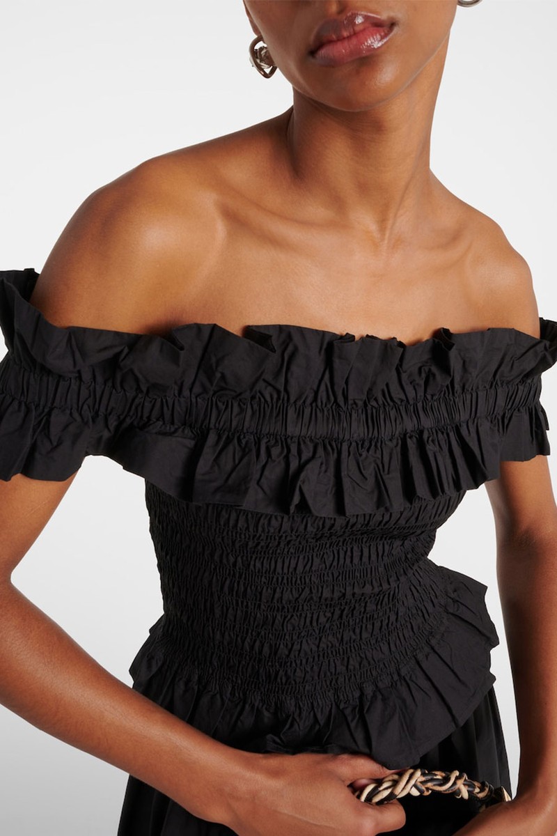 Smocked Off-Shoulder Cotton Poplin Top from Ganni