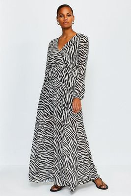 Zebra Print Long Sleeved Wrap Maxi Dress