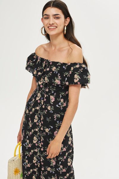 Petite Printed Bardot Midi Dress from Topshop