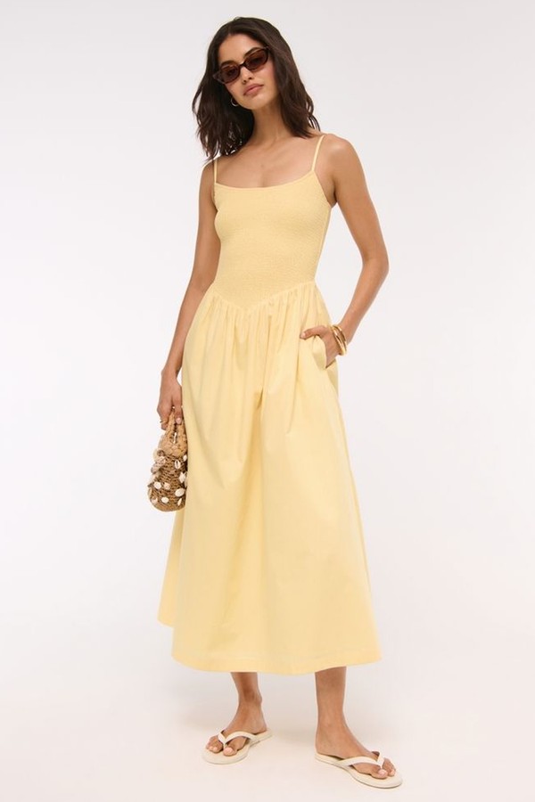 Dipped-Waist Smocked Midi Dress from Abercrombie & Fitch