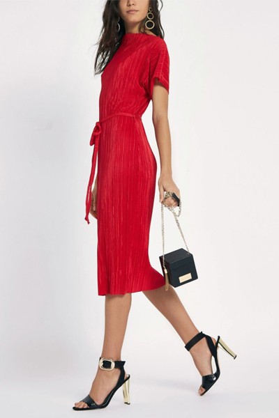 Plisse Tie Waist Midi Dress