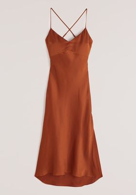 Satin Cross-Back Midi Dress from  Abercrombie & Fitch