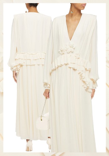 Floral-Appliquéd Pleated Silk Maxi Dress from Victoria Beckham