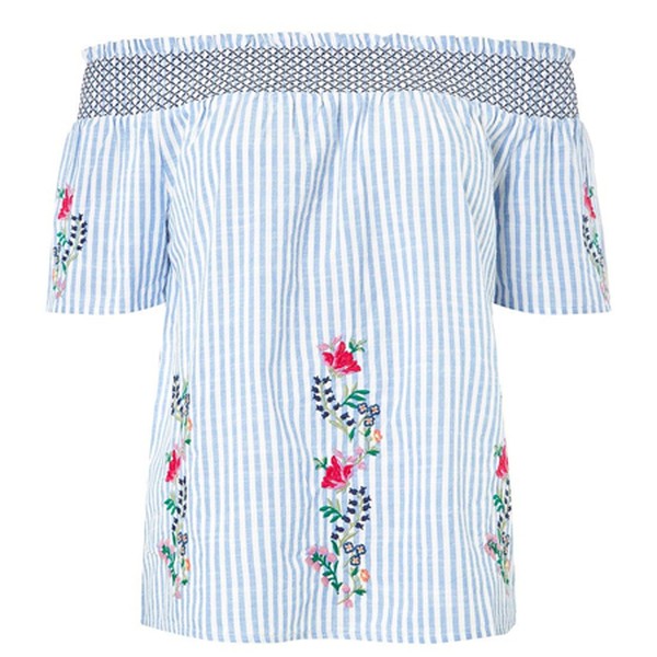 Tall Blue Embroidered Bardot Top