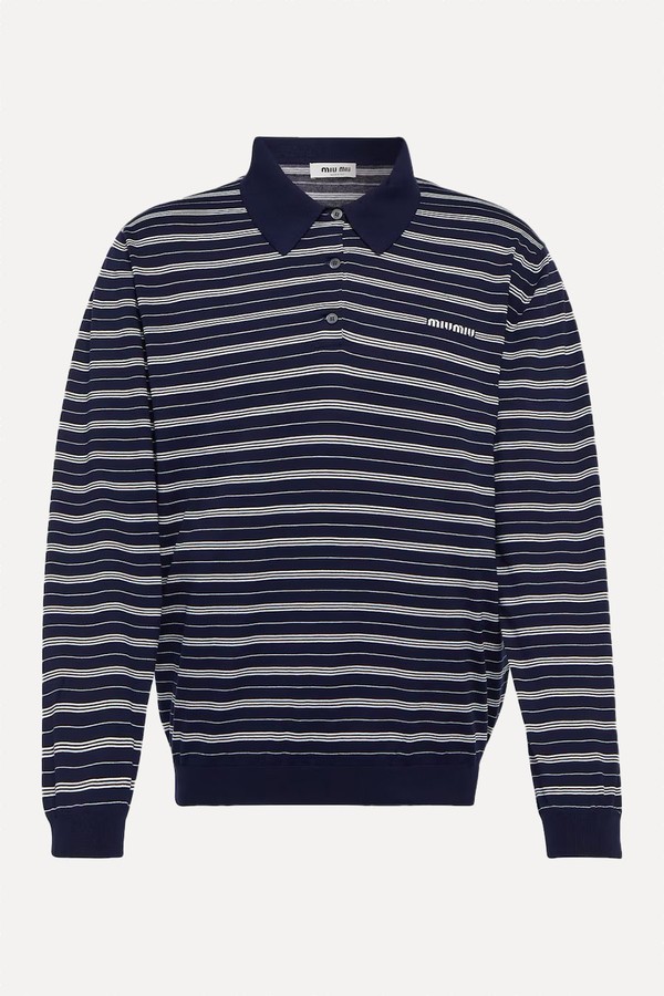Logo Striped Cotton-Blend Polo Sweater from Miu Miu