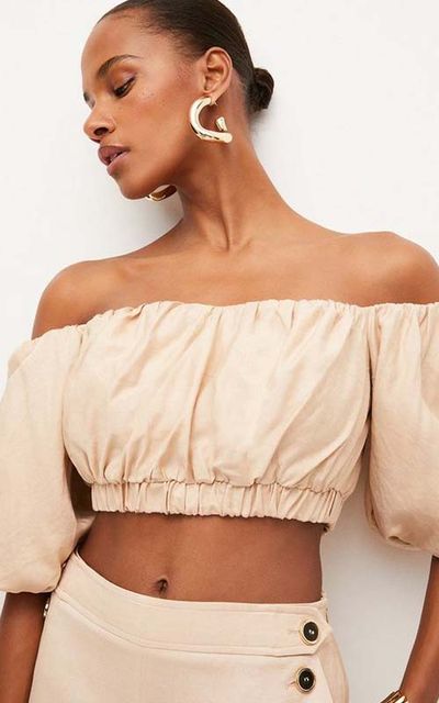 Tailored Linen Blend Bardot Volume Sleeve Crop Top