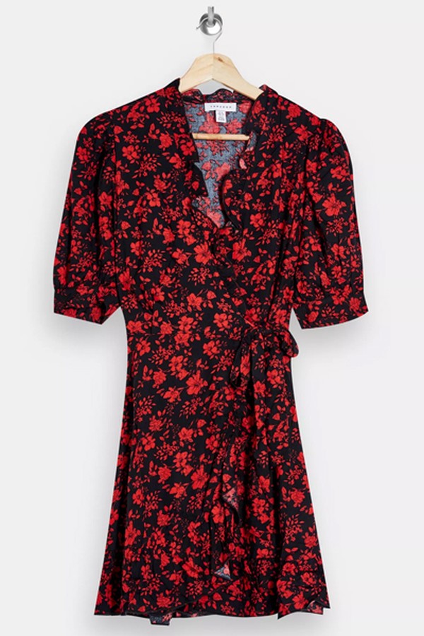 Red Floral Print Wrap Mini Dress