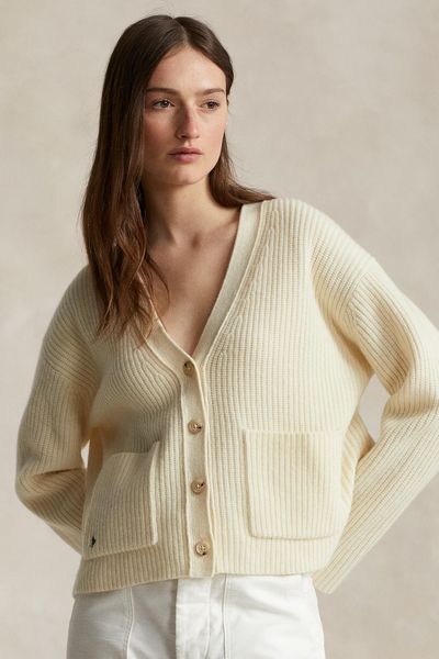 Rib Knit Wool Cashmere V Neck Cardigan