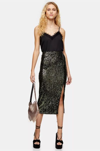 Khaki Sequin Split Midi Skirt