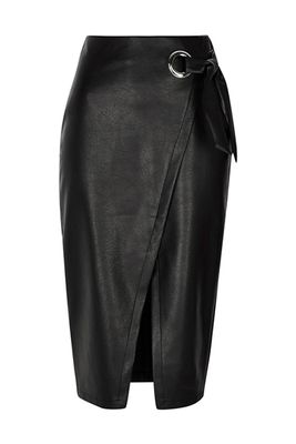 Black Faux Leather Wrap Tie-Up Pencil Skirt