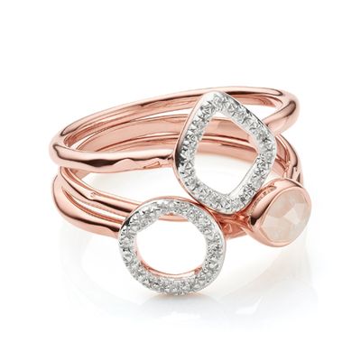 Siren Small Stacking & Riva Diamond Ring Set - Rose Quartz