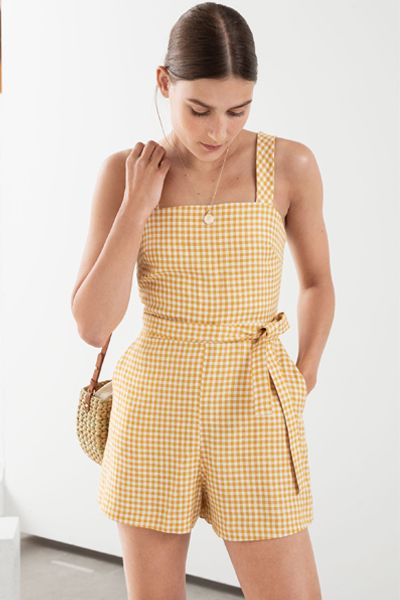 Gingham Square Neck Linen Romper