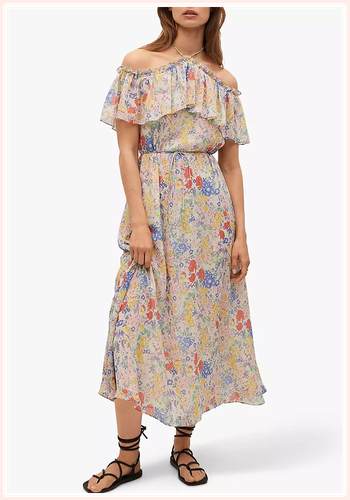 Floral Ruffled Off-Shoulder Midi Dress from Mango