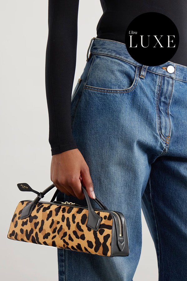 Le Teckel Leather-Trimmed Leopard-Print Calf Hair Clutch from ALAÏA 