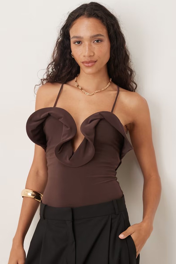 Frill Detail Plunge Halterneck Bodysuit from ASOS DESIGN