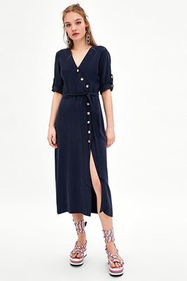 Midi Dress With Buttons In Blue