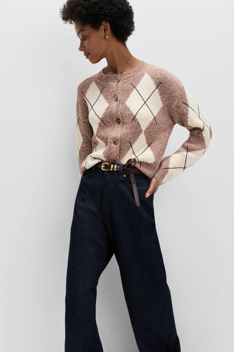 Cotton Rich Argyle Crew Neck Cardigan