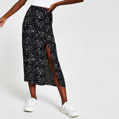 Black Heart Print Midi Skirt