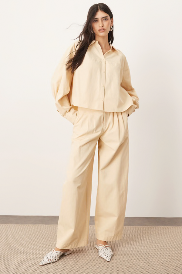Structured Pleat Detail Wide Leg Barrel Trousers & Structured Boxy Shirt Co-ord
