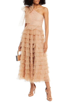 One-Shoulder Ruffled Glittered Tulle Midi Dress from Redvalentino