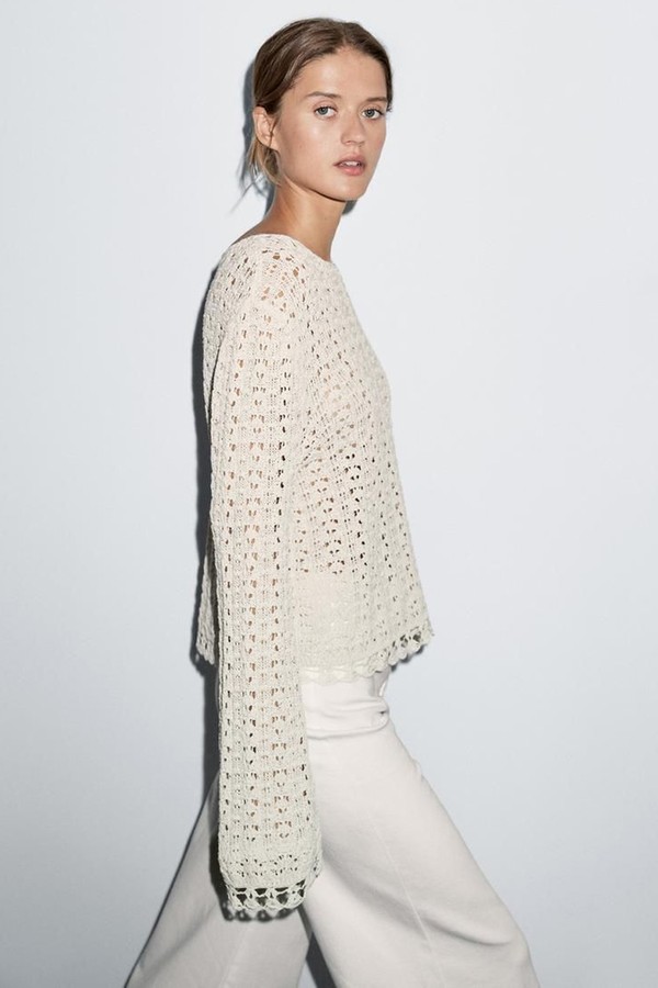 Cotton Blend Openwork Crochet Sweater