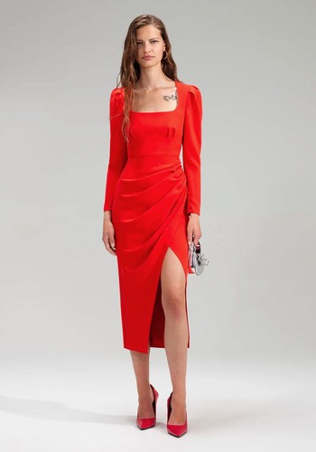 Red Crepe Ruched Midi Dress