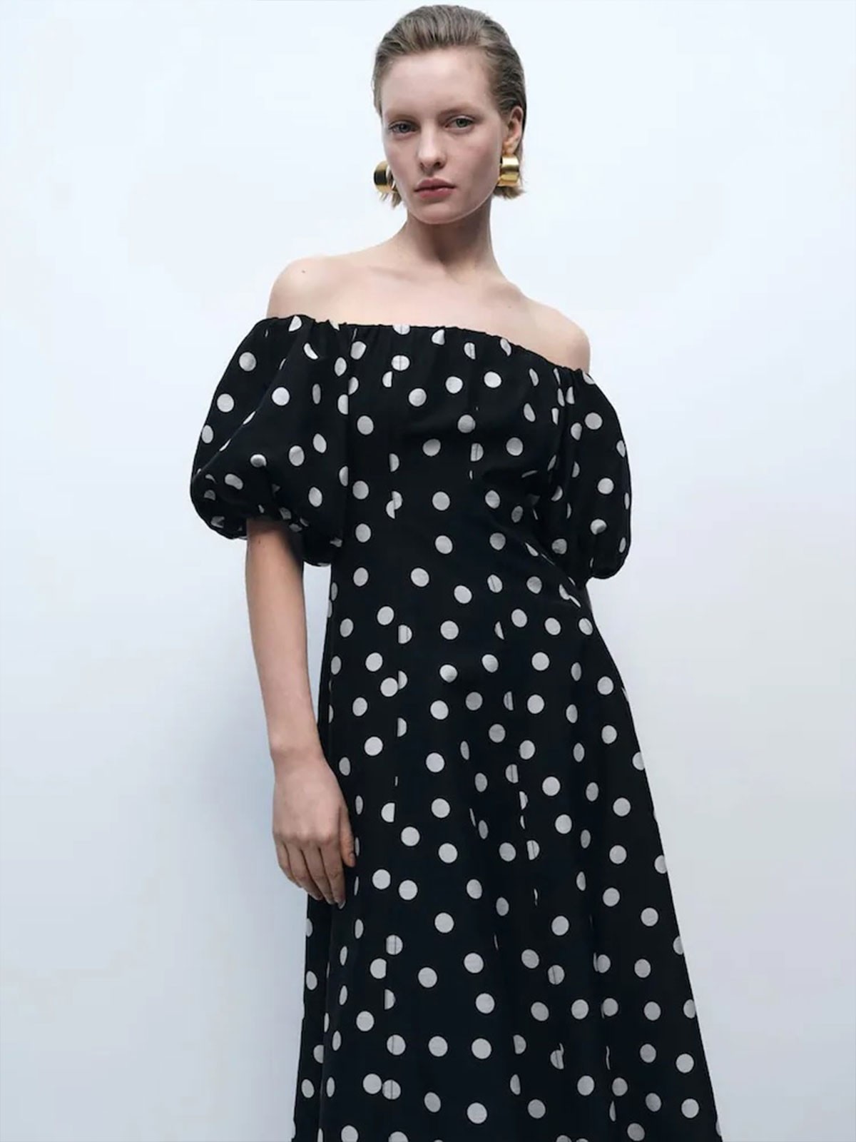 Bardot Off Shoulder Polka Dot Occasion Midi Dress from Mango