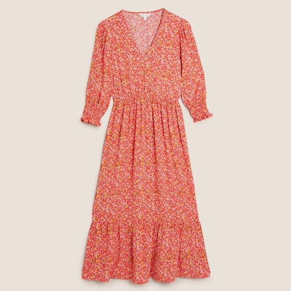 Floral V-Neck Puff Sleeve Midi Tea Dress
