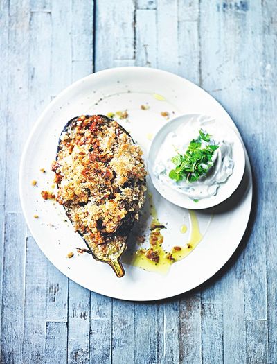 Baked Aubergine Red Rice Tofu