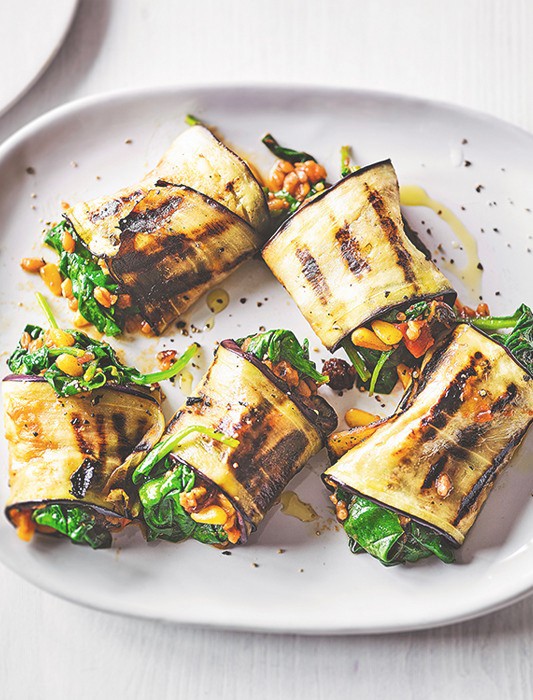 Spiced Spinach & Tomato Aubergine Rolls