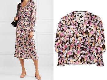 Smocked Floral-Print Satin Wrap Top from Art Dealer