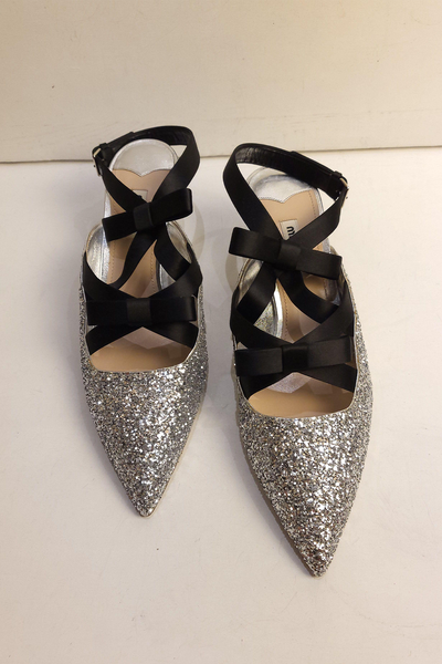 Silver Glitter Lace-Up Kitten Heeled Pumps from Miu Miu