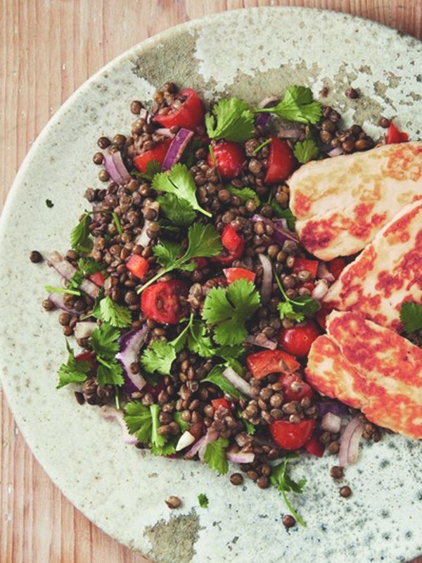 Warm Puy Lentil, Cherry Tomato and Halloumi Salad