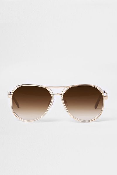 Gold Tone Hexagon Aviator Sunglasses