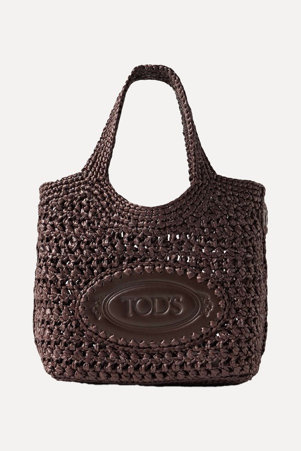 Mini Leather-Trimmed Woven Raffia Tote from TOD'S