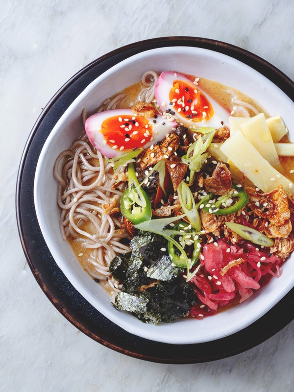 Mushroom and Charred Corn Soup with Udon Noodles