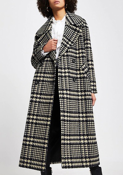 Black Check Print Oversized Longline Coat